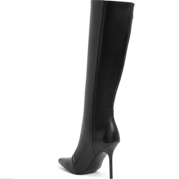 REISS Hoxton Leather Knee High Heels BOOTS US 38 7 Black Point Toe Zip NEW - Picture 5 of 14